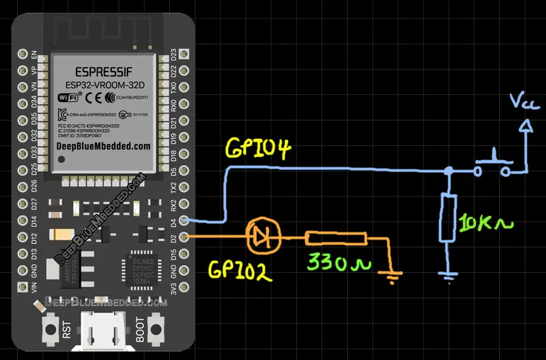 ESP32 Digital Inputs Outputs Arduino tutorial - Connection Diagram